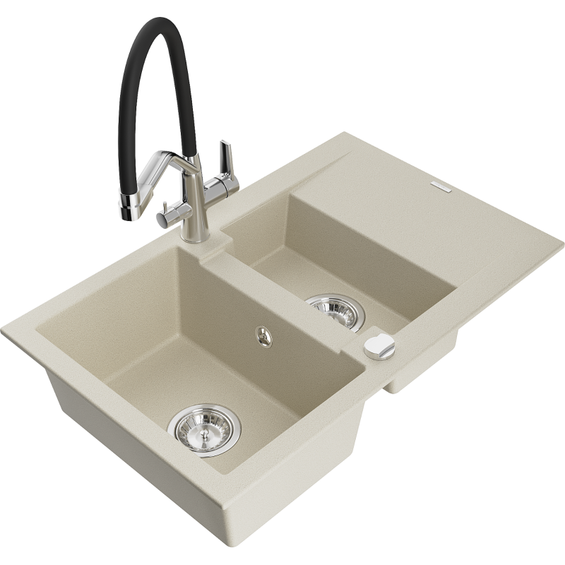 Mexen Gaspar chiuvetă de granit 1,5-camere cu scurgător și baterie de bucătărie Duo, bej - 6507-69-671701-07