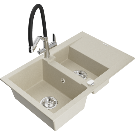 Mexen Gaspar chiuvetă de granit 1,5-camere cu scurgător și baterie de bucătărie Duo, bej - 6507-69-671701-07