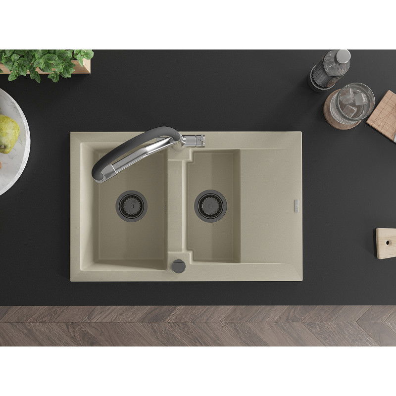 Mexen Gaspar chiuvetă de granit cu 1,5 compartimente și picurător și baterie de bucătărie Duo, bej - 6507-69-671701-07-B