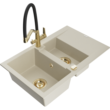 Mexen Gaspar chiuvetă din granit cu 1,5 compartimente cu scurgător și baterie de bucătărie Duo, bej - 6507-69-671701-57-G