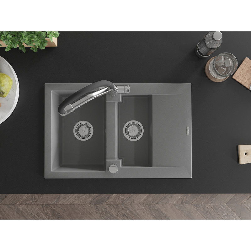 Mexen Gaspar chiuvetă de bucătărie din granit cu 1,5 compartimente și baterie Duo, gri - 6507-71-671701-07