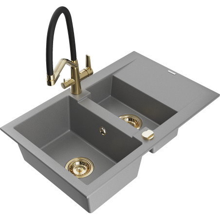 Mexen Gaspar chiuvetă granit 1,5-camere cu scurgător și baterie bucătărie Duo, gri - 6507-71-671701-57-G