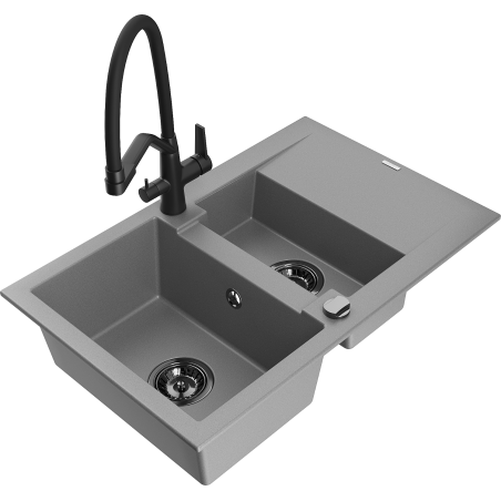 Chiuveta de bucătărie granit Mexen Gaspar 1,5 compartimente cu scurgător și baterie Duo, gri - 6507-71-671701-70-B