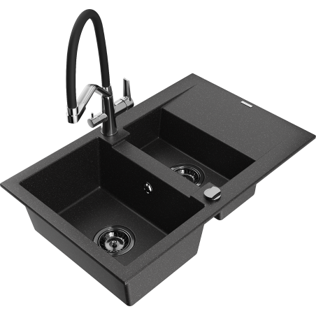 Mexen Gaspar chiuvetă granit 1,5-camere cu picurător și baterie bucătărie Duo, negru/argintiu - 6507-73-671701-07-B