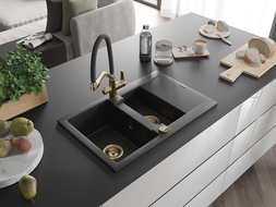 Mexen Gaspar chiuvetă granit 1,5 camere cu picurător și baterie bucătărie Duo, negru/argintiu - 6507-73-671701-57-G