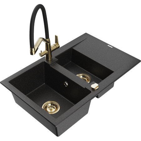 Mexen Gaspar chiuvetă de granit cu 1,5 cuve și scurgător și baterie de bucătărie Duo, negru/argintiu - 6507-73-671701-57-G