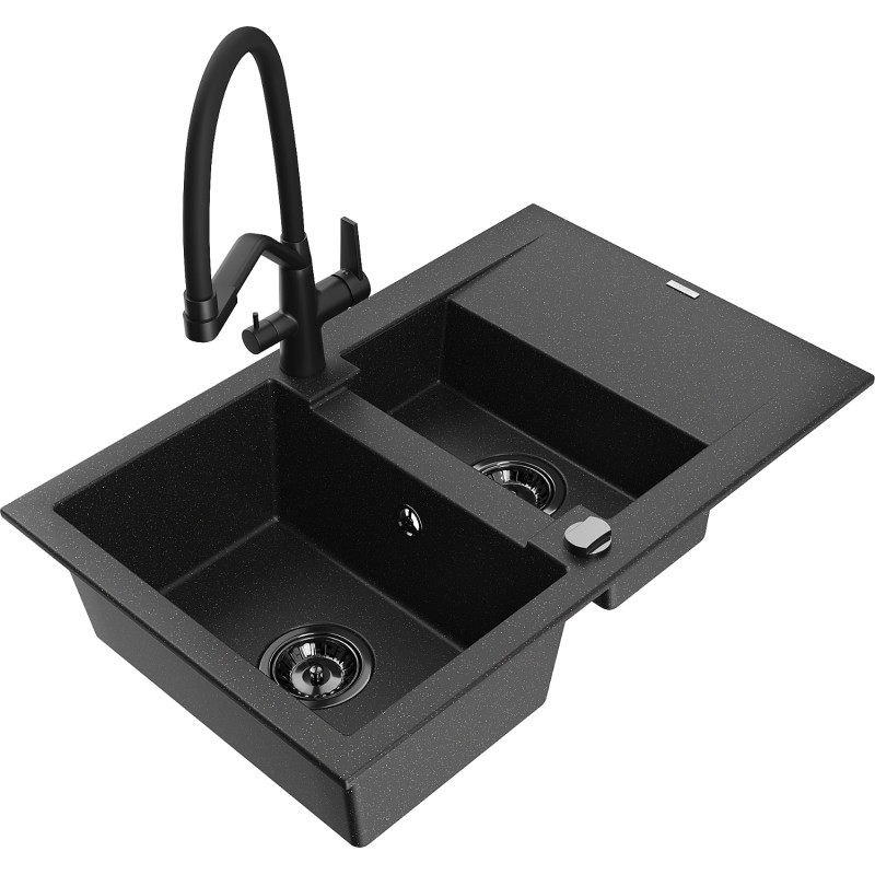 Mexen Gaspar 1,5 medencés gránit mosogató csepegtetővel és konyhai csapteleppel Duo, fekete/ezüst - 6507-73-671701-70-B
