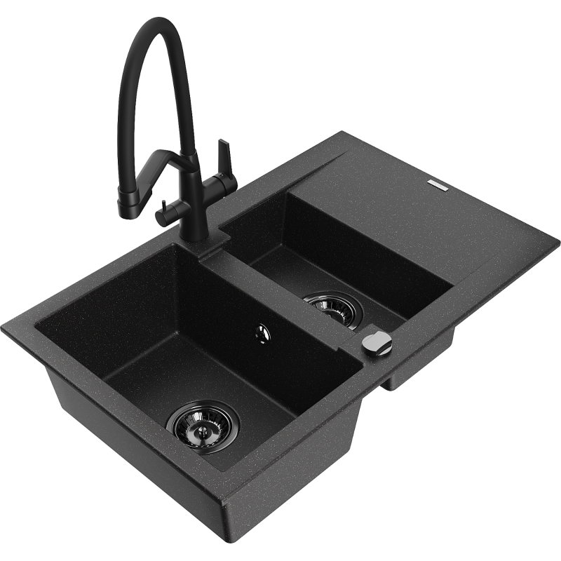 Mexen Gaspar chiuvetă de bucătărie granit 1,5 camere cu scurgător și baterie Duo, negru/argintiu - 6507-73-671701-70-B