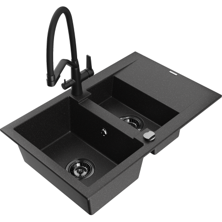Mexen Gaspar chiuvetă granit 1,5 camere cu scurgător și baterie de bucătărie Duo, negru/argintiu - 6507-73-671701-70-B