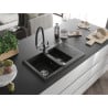 Chiuvetă din granit Mexen Gaspar cu 1,5 cuve, cu scurgător și baterie de bucătărie Duo, negru/auriu metalic - 6507-75-671701-07