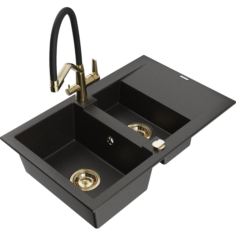 Chiuvetă granit Mexen Gaspar 1,5 cuve cu scurgător și baterie Duo, negru/aureu - 6507-75-671701-57-G