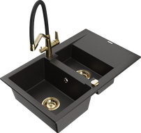 Chiuvetă granit Mexen Gaspar 1,5 cuve cu scurgător și baterie Duo, negru/aureu - 6507-75-671701-57-G