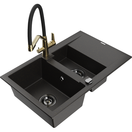 Mexen Gaspar chiuvetă din granit cu 1,5 compartimente, cu scurgător și baterie de bucătărie Duo, negru/auriu metalic
