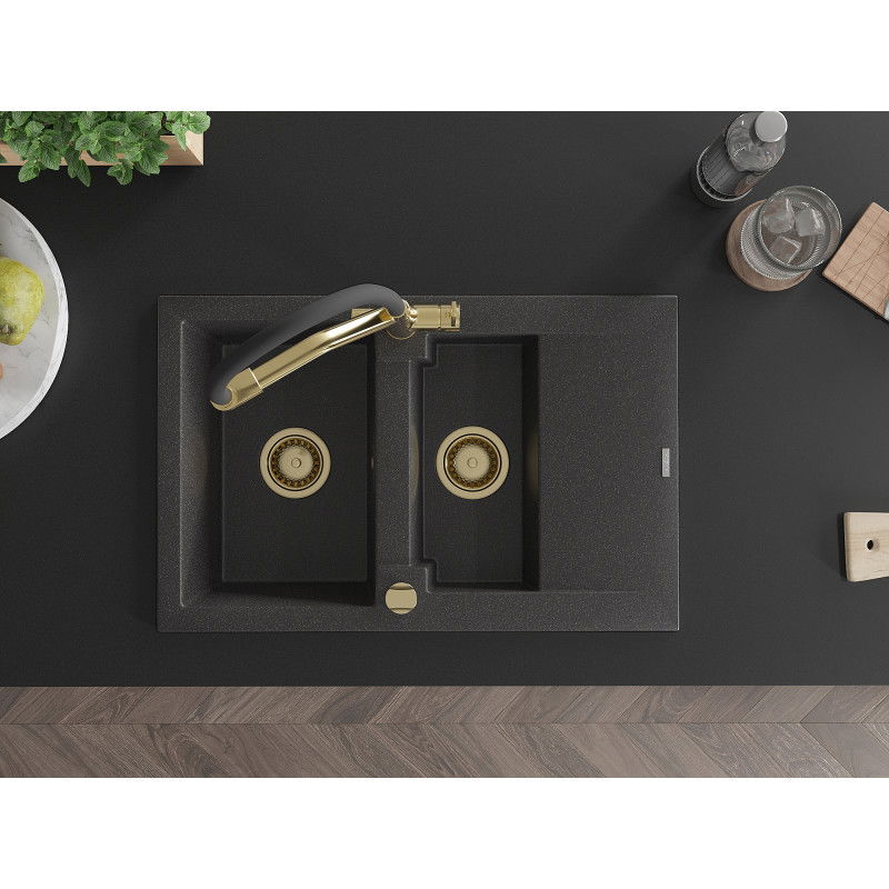 Mexen Gaspar gránit mosogató 1,5 rekeszes csepegtetővel és Duo konyhai csapteleppel, fekete foltos - 6507-76-671701-57-G
