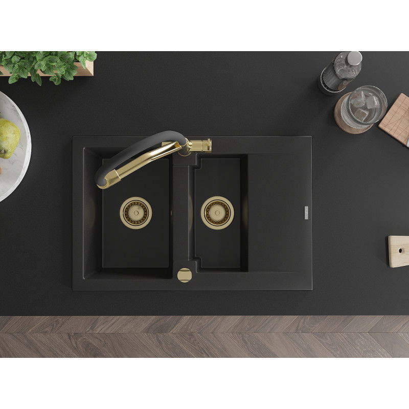 Mexen Gaspar chiuvetă de bucătărie din granit, 1,5 cuve, cu scurgător și baterie Duo, negru - 6507-77-671701-57-G