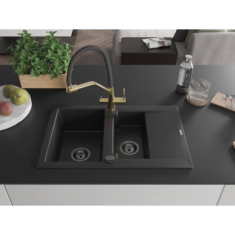 Mexen Gaspar chiuvetă de granit cu 1,5 cuve cu scurgător și baterie de bucătărie Duo, negru - 6507-77-671701-57-B