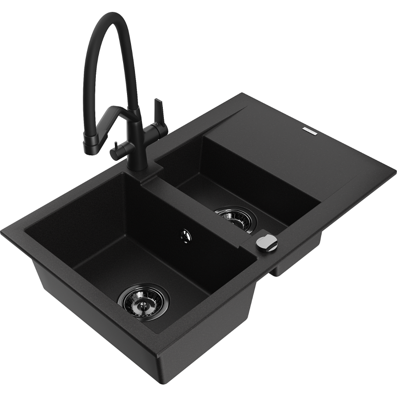 Mexen Gaspar chiuvetă din granit cu 1,5 compartimente cu suport de scurgere și baterie de bucătărie Duo, negru