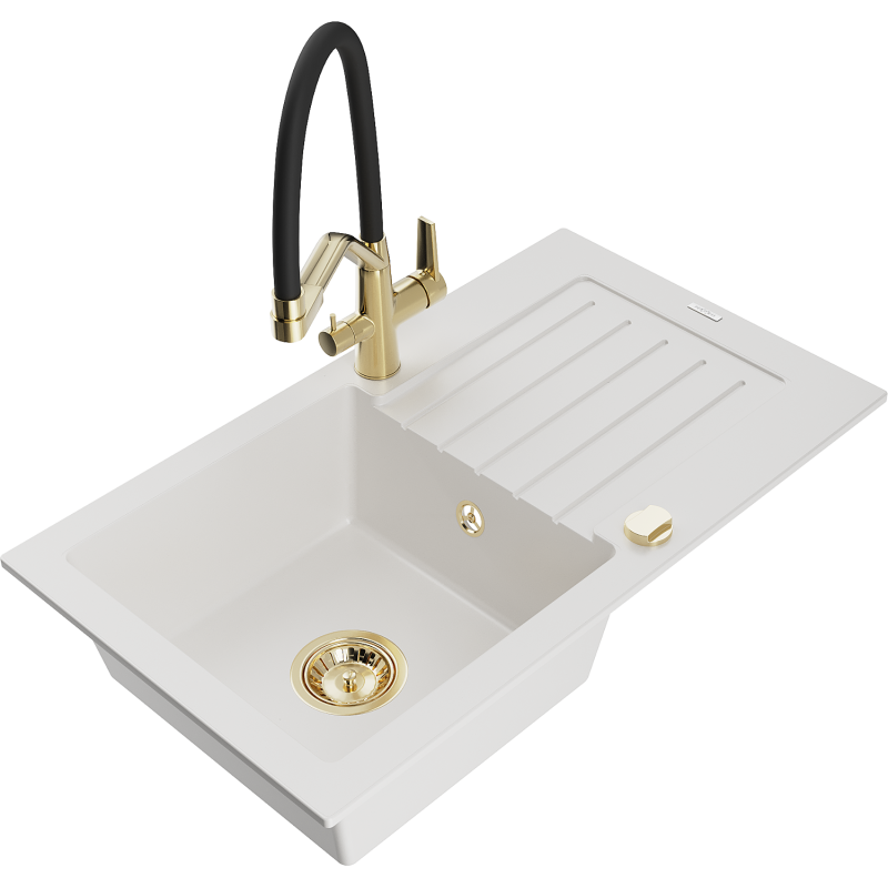 Mexen Pablo chiuvetă de granit cu o singură cuvă, cu scurgător și baterie de bucătărie Duo, albă - 6510-20-671701-57-G