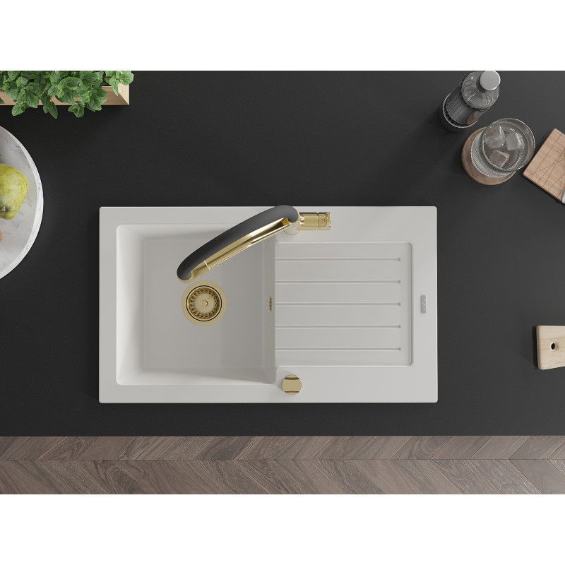 Mexen Pablo chiuvetă de granit cu o singură cuvă, cu scurgător și baterie de bucătărie Duo, albă - 6510-20-671701-57-G
