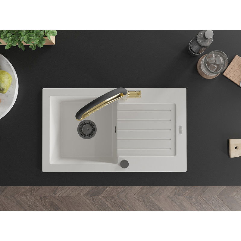 Mexen Pablo egymedencés gránit mosogató lefolyóval és Duo konyhai csapteleppel, fehér - 6510-20-671701-57-B