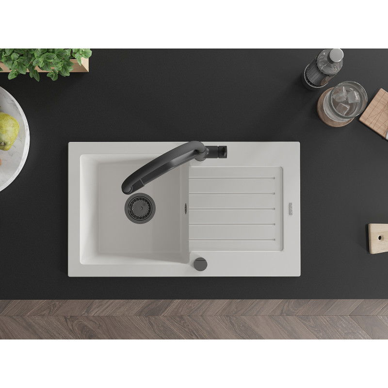 Mexen Pablo chiuvetă din granit cu 1 compartiment și scurgător și baterie de bucătărie Duo, alb - 6510-20-671701-70-B