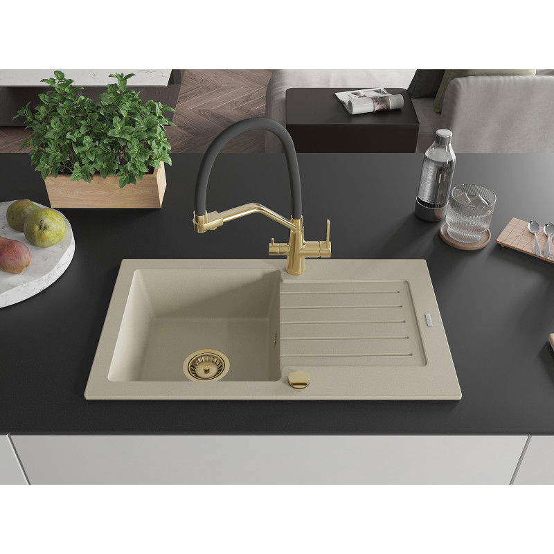 Mexen Pablo gránit mosogató 1-medencés csepegtetővel és Duo konyhai csapteleppel, bézs - 6510-69-671701-57-G
