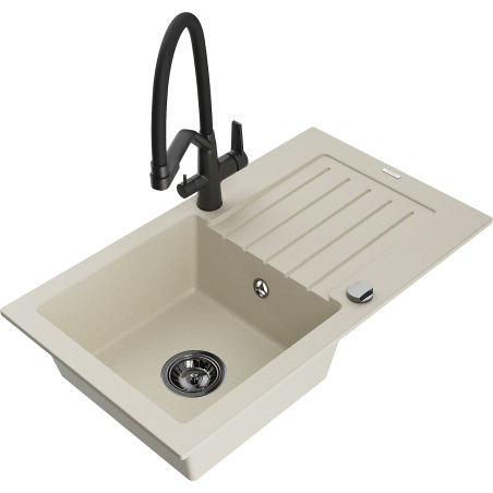 Mexen Pablo chiuvetă din granit cu o singură cuvă cu scurgător și baterie de bucătărie Duo, bej - 6510-69-671701-70-B