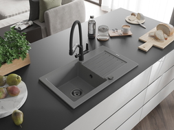 Mexen Pablo chiuvetă de granit cu o singură cameră cu scurgător și baterie de bucătărie Duo, gri - 6510-71-671701-70-B