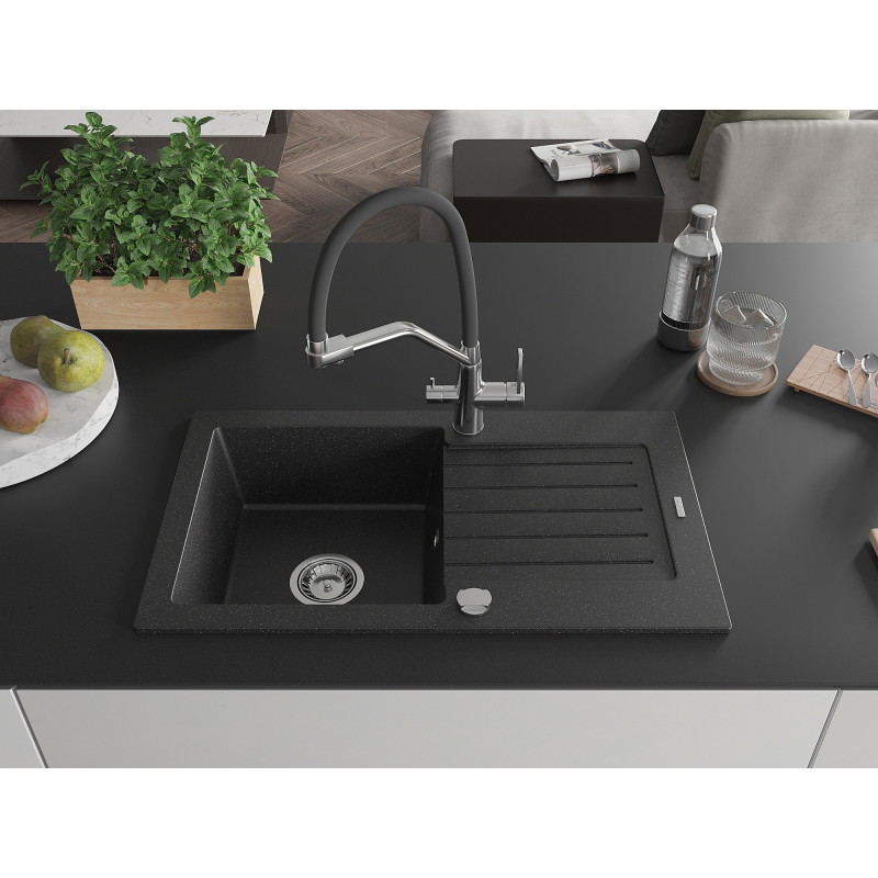 Mexen Pablo egymedencés gránit mosogató csepegtetővel és Duo konyhai csapteleppel, fekete/ezüst metál - 6510-73-671701-07