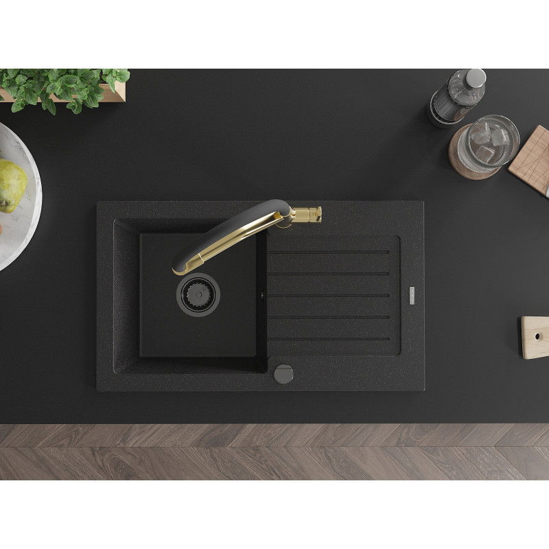 Mexen Pablo chiuvetă de granit cu 1 cuvă cu scurgător și baterie bucătărie Duo, negru/argintiu metalizat