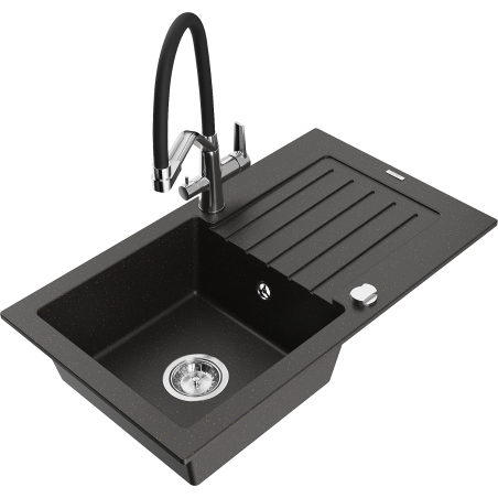 Mexen Pablo chiuvetă de bucătărie din granit cu 1 compartiment, cu scurgător și baterie Duo, negru/auriu metalizat