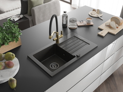 Mexen Pablo chiuvetă granit 1-cameră cu scurgător și baterie bucătărie Duo, negru/auriu metalic - 6510-75-671701-57-B