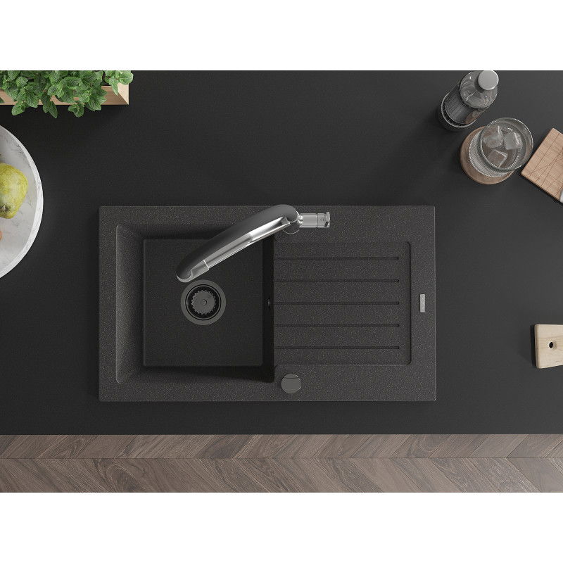 Mexen Pablo 1 rekeszes gránit mosogató csepegtetővel és Duo konyhai csappal, fekete pöttyös - 6510-76-671701-07-B