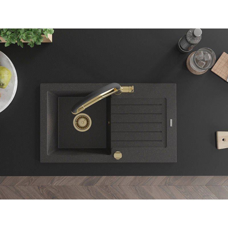 Mexen Pablo chiuvetă din granit cu 1 compartiment, cu scurgător și baterie de bucătărie Duo, negru pistruiat