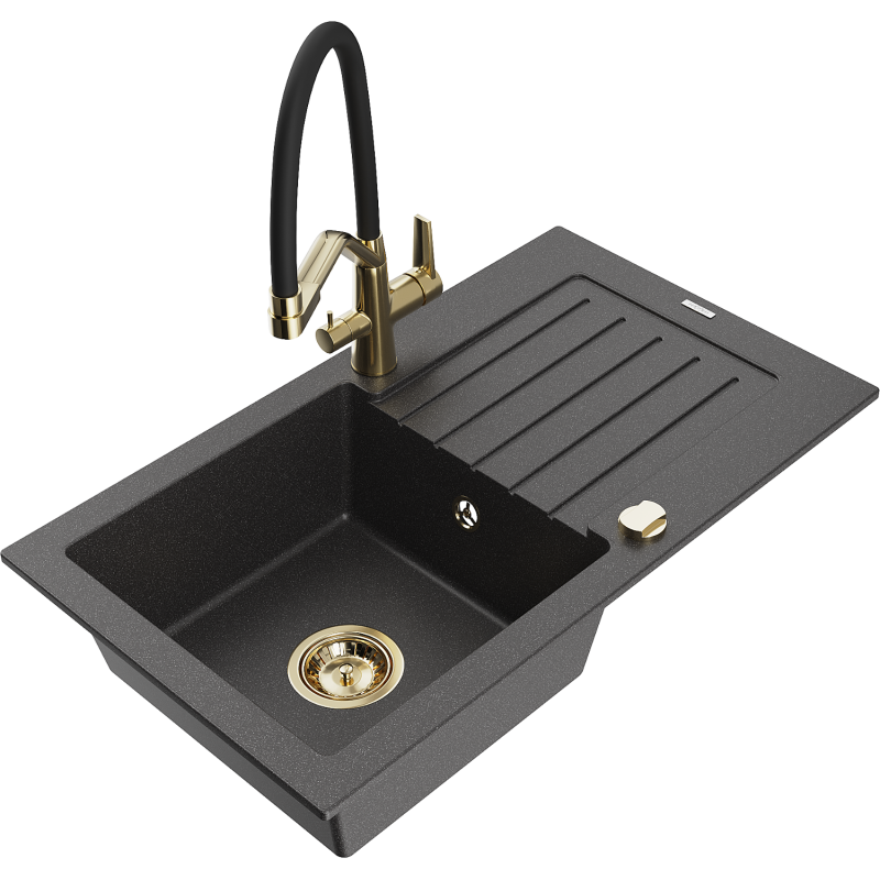 Mexen Pablo chiuvetă din granit cu 1 compartiment, cu scurgător și baterie de bucătărie Duo, negru pistruiat