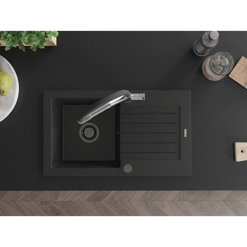 Mexen Pablo chiuvetă de granit cu o singură cuvă și scurgător, cu baterie de bucătărie Duo, negru - 6510-77-671701-07-B