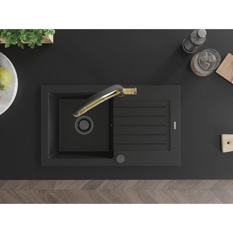 Mexen Pablo egykamrás gránit mosogató csepegtetővel és Duo konyhai csapteleppel, fekete - 6510-77-671701-57-B