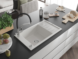 Mexen Elias chiuvetă granit 1-cu o cameră cu scurgător și robinet de bucătărie Duo, alb - 6511-20-671701-07