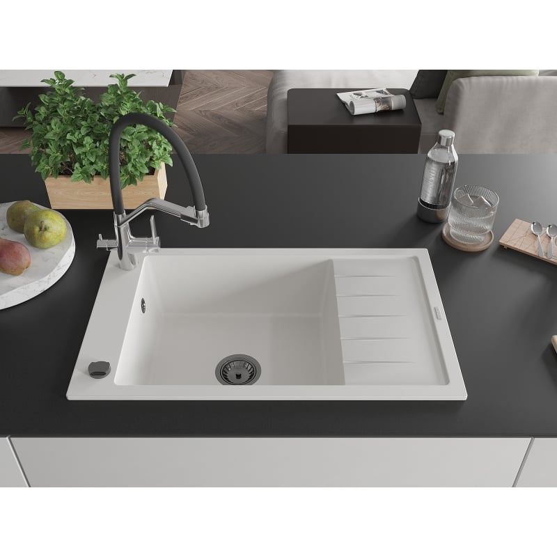 Mexen Elias chiuvetă de granit cu 1 compartiment, cu picurător și baterie de bucătărie Duo, albă - 6511-20-671701-07-B