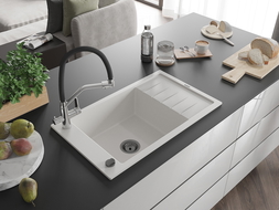 Mexen Elias chiuvetă de bucătărie din granit cu 1 compartiment și scurgător și baterie Duo, alb - 6511-20-671701-07-B