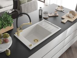 Mexen Elias gránit mosogató 1-medencés csepegtetővel és Duo konyhai csapteleppel, fehér - 6511-20-671701-57-G