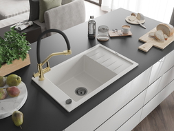 Mexen Elias chiuvetă din granit cu 1 compartiment și picurător și baterie de bucătărie Duo, alb - 6511-20-671701-57-B