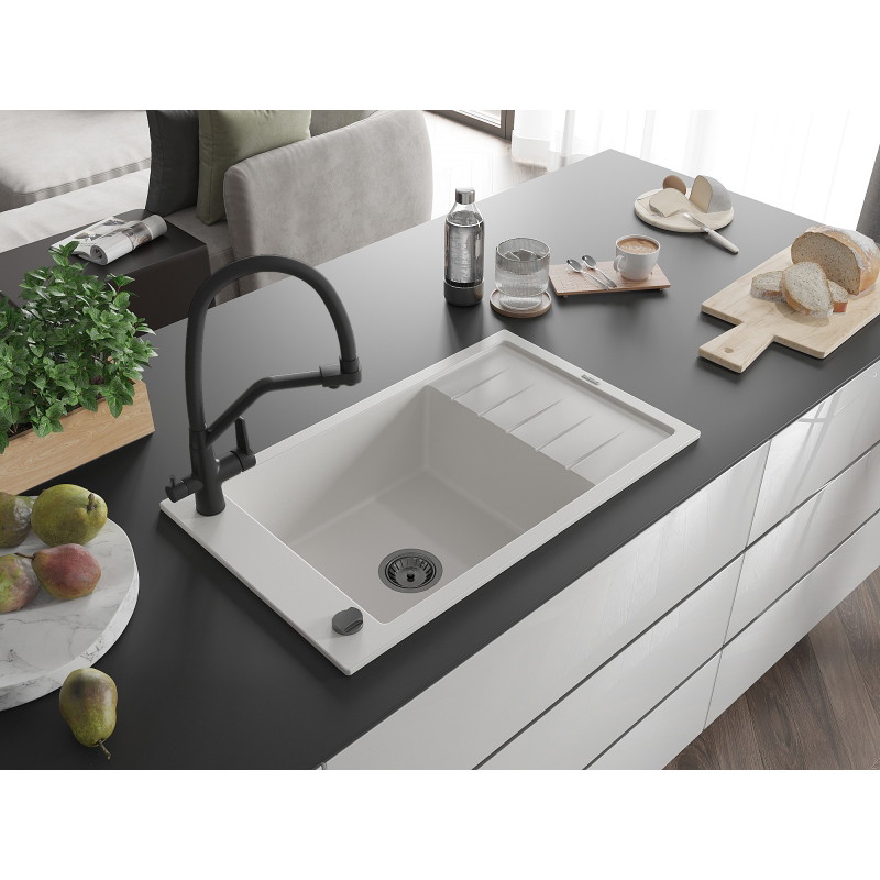 Mexen Elias chiuvetă de granit cu 1 cuvă cu picurător și baterie de bucătărie Duo, albă - 6511-20-671701-70-B