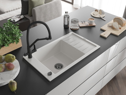 Mexen Elias chiuvetă din granit cu o cuvă și picurător și baterie de bucătărie Duo, alb - 6511-20-671701-70-B