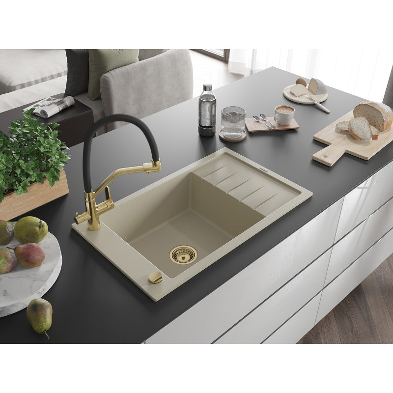 Mexen Elias chiuvetă de granit cu o cuvă și scurgător și baterie de bucătărie Duo, bej - 6511-69-671701-57-G