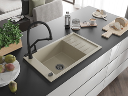 Mexen Elias chiuvetă din granit cu 1 compartiment și scurgător și baterie de bucătărie Duo, bej - 6511-69-671701-70-B