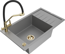 Mexen Elias egykamrás gránit mosogató csepptálcával és Duo konyhai csapteleppel, szürke - 6511-71-671701-57-G