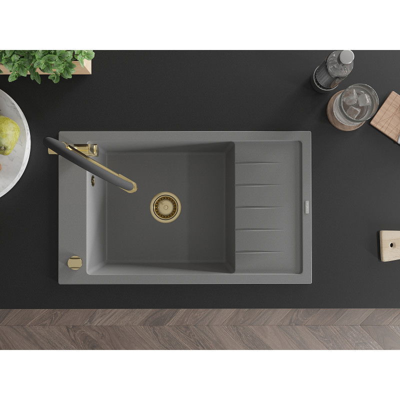 Mexen Elias chiuvetă de bucătărie din granit cu o cameră și scurgător, cu baterie Duo, gri - 6511-71-671701-57-G