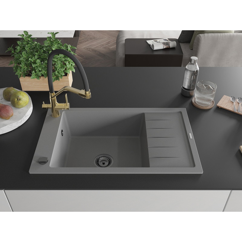 Mexen Elias chiuvetă de granit cu 1 cuvă cu scurgător și baterie de bucătărie Duo, gri - 6511-71-671701-57-B
