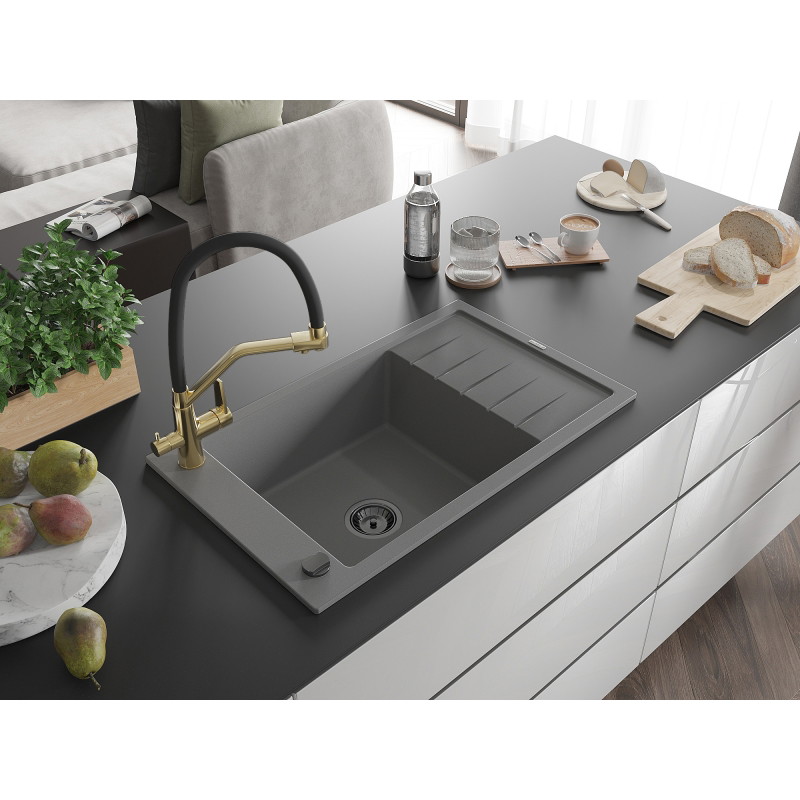 Mexen Elias chiuvetă de granit cu 1 cuvă cu picurător și baterie de bucătărie Duo, gri - 6511-71-671701-57-B